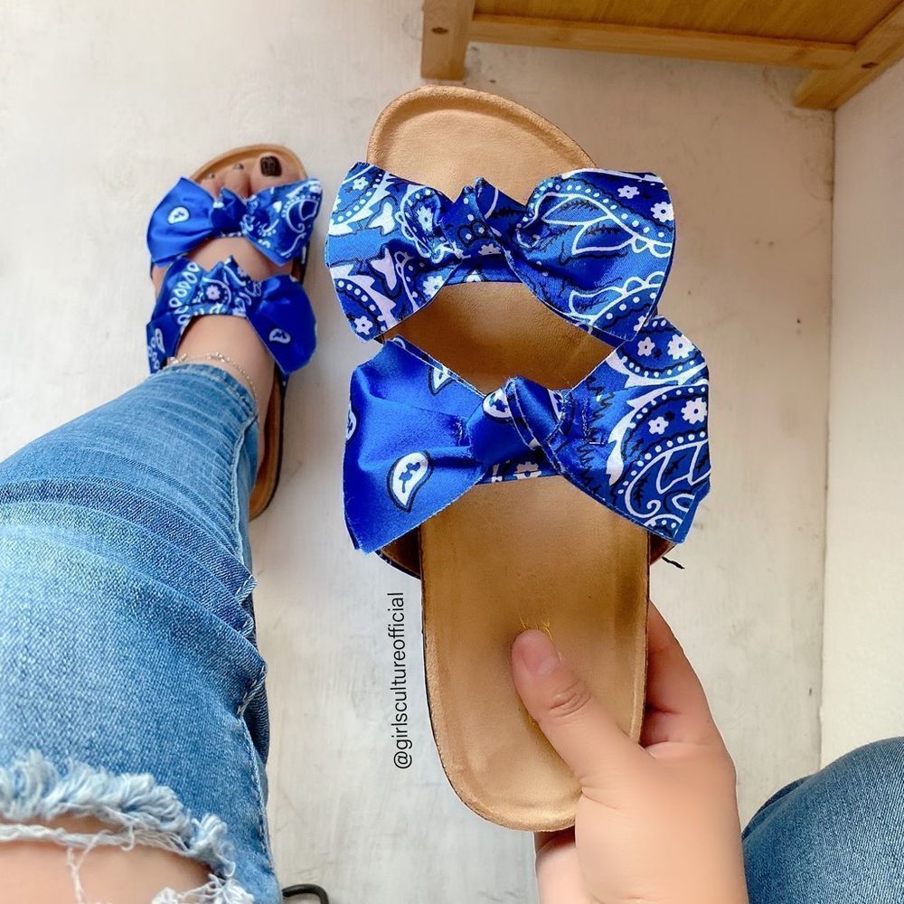 Blue Bandana Double Bow Slides Sandals